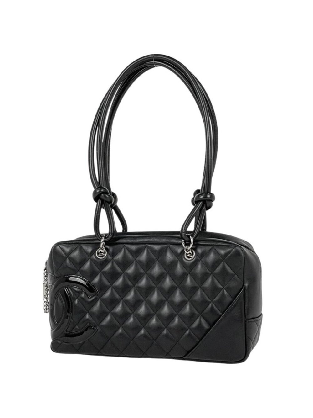Chanel Cambon Line Bow Sling Bag CC Logo Mini Boston Quilted Leather Black